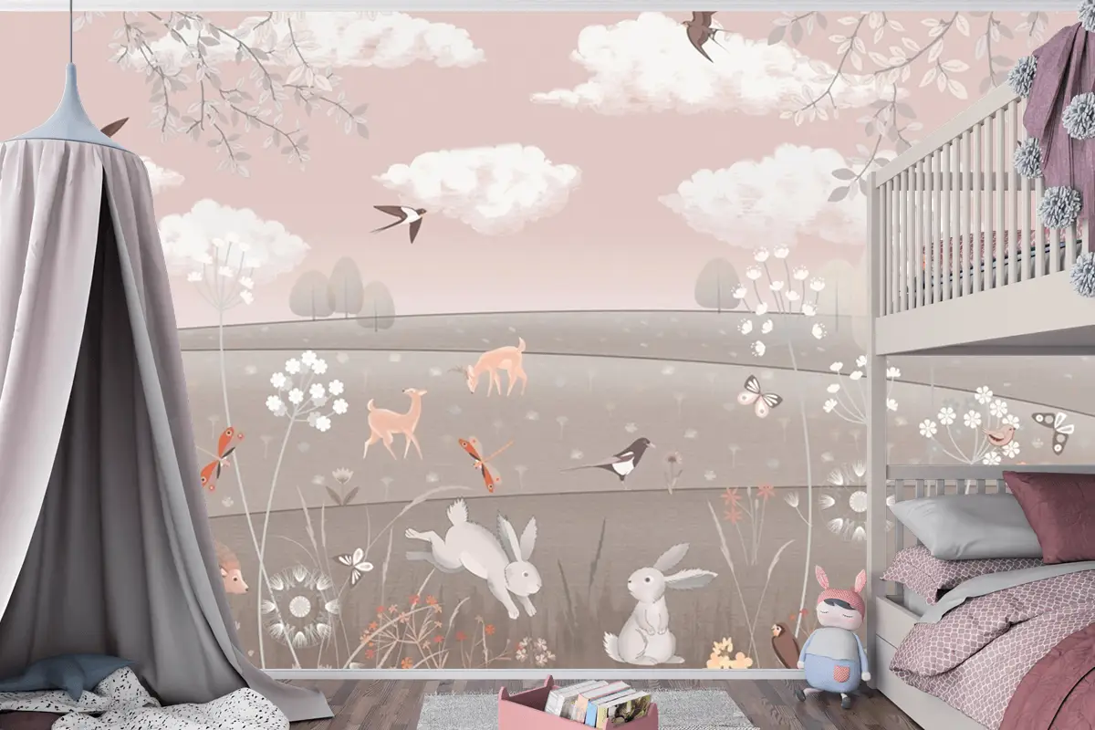 Pembe Manzara Geyik Tavşan Kuşlar Çocuk Odası Duvar Kağıdı