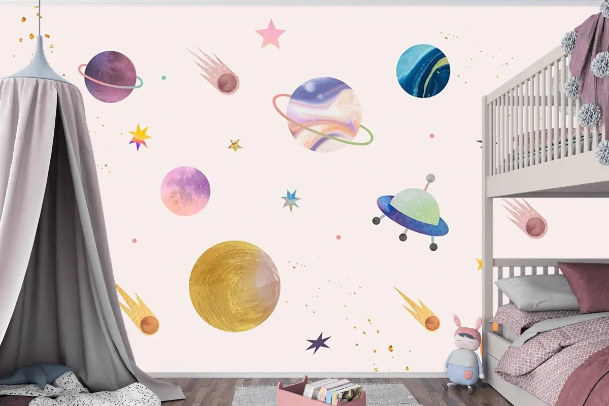 Pembe Zemin Üzerinde Gezegenler Çocuk Odası Duvar Kağıdı