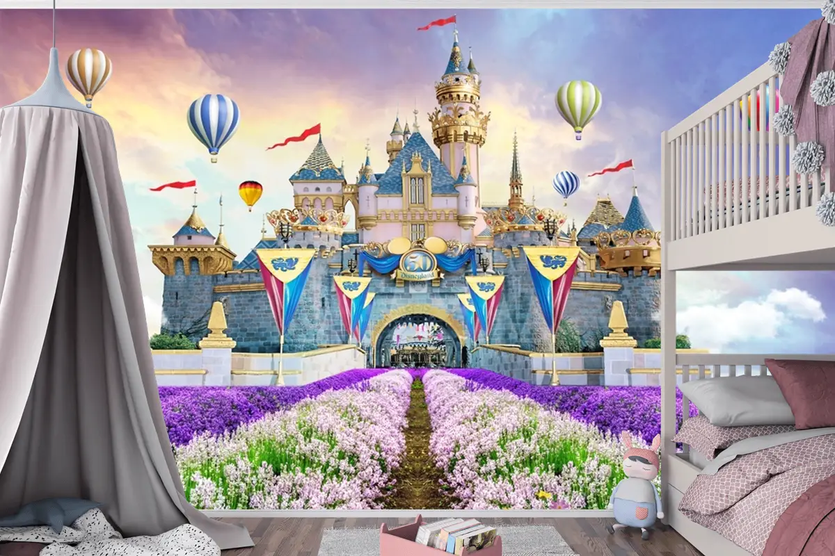Peri Kalesi Manzara Çiçekler Sıcak Hava Balonları Çocuk Odası Duvar Kağıdı