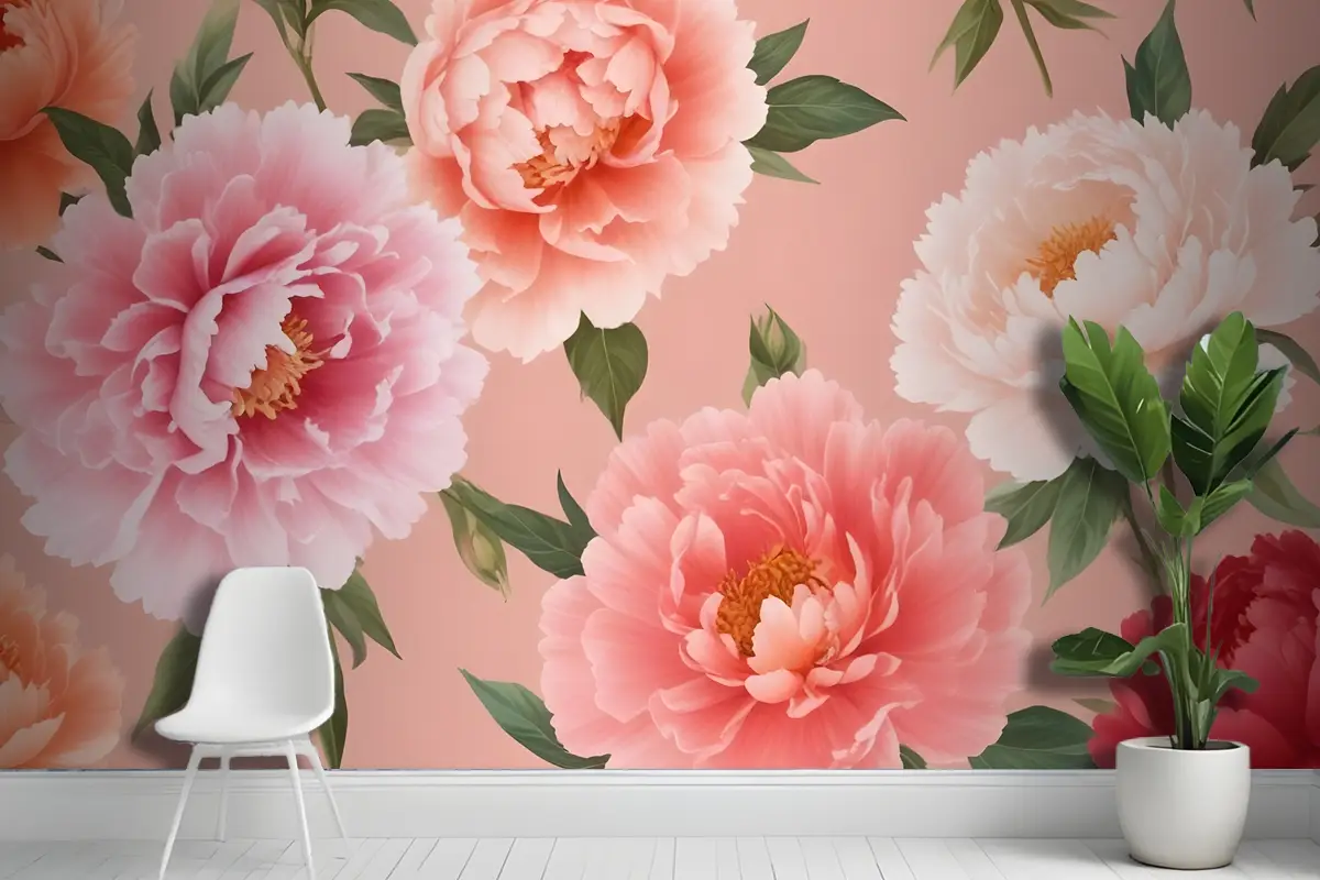 Açık Pembe Antre  Hol  Koridor Duvar Kağıdı Duvarında Yeşil Yapraklı Pembe Ve Şeftali Şakayıkları