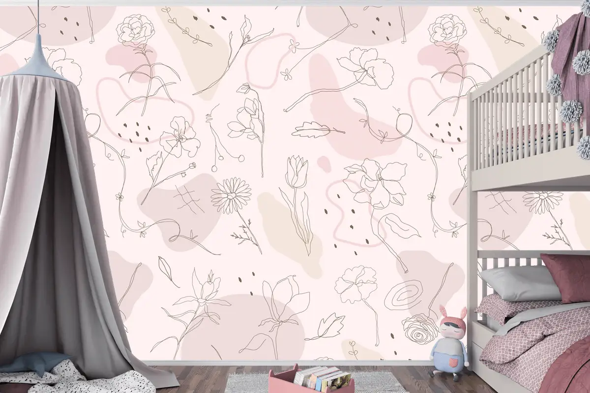 Pembe Çiçek Desenli Çocuk Odası Duvar Kağıdı
