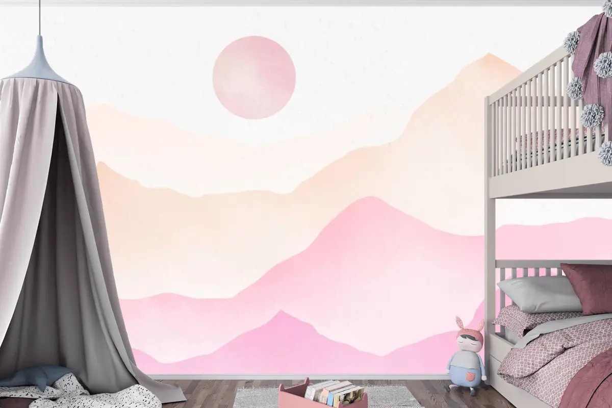 Pembe Suluboya Dağlar Arka Plan Çocuk Odası Duvar Kağıdı 