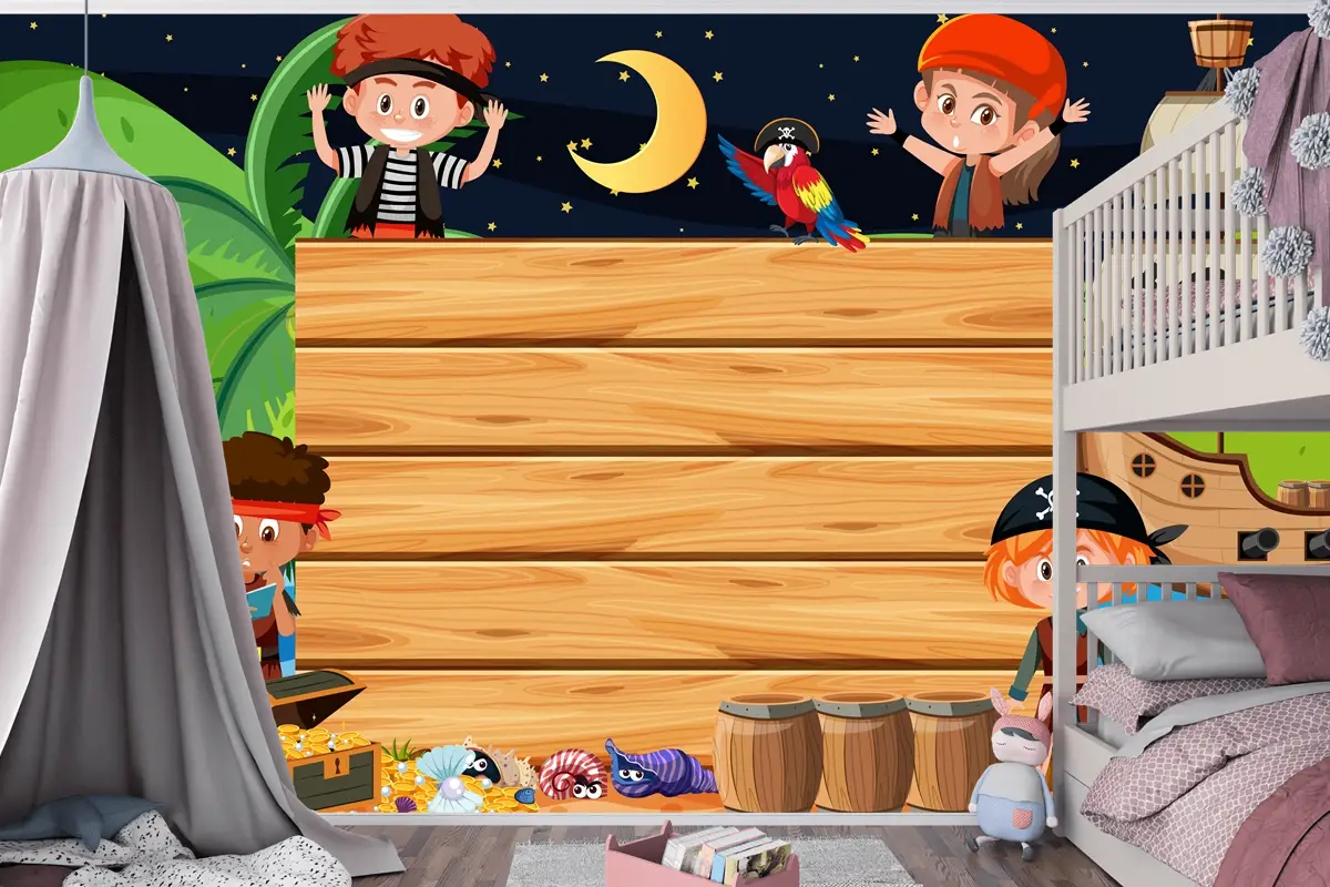 Boş Ahşap Çocuk Odası Duvar Kağıdı Yle Sahilde Gece Sahnesinde Korsan Çocuklar