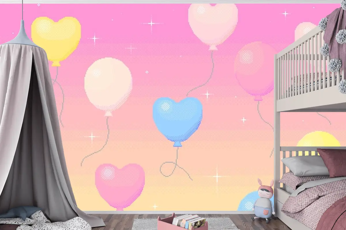 Rüya Gibi Gökyüzünde Uçan Balonların Piksel Sanat Arka Planı Çocuk Odası Duvar Kağıdı