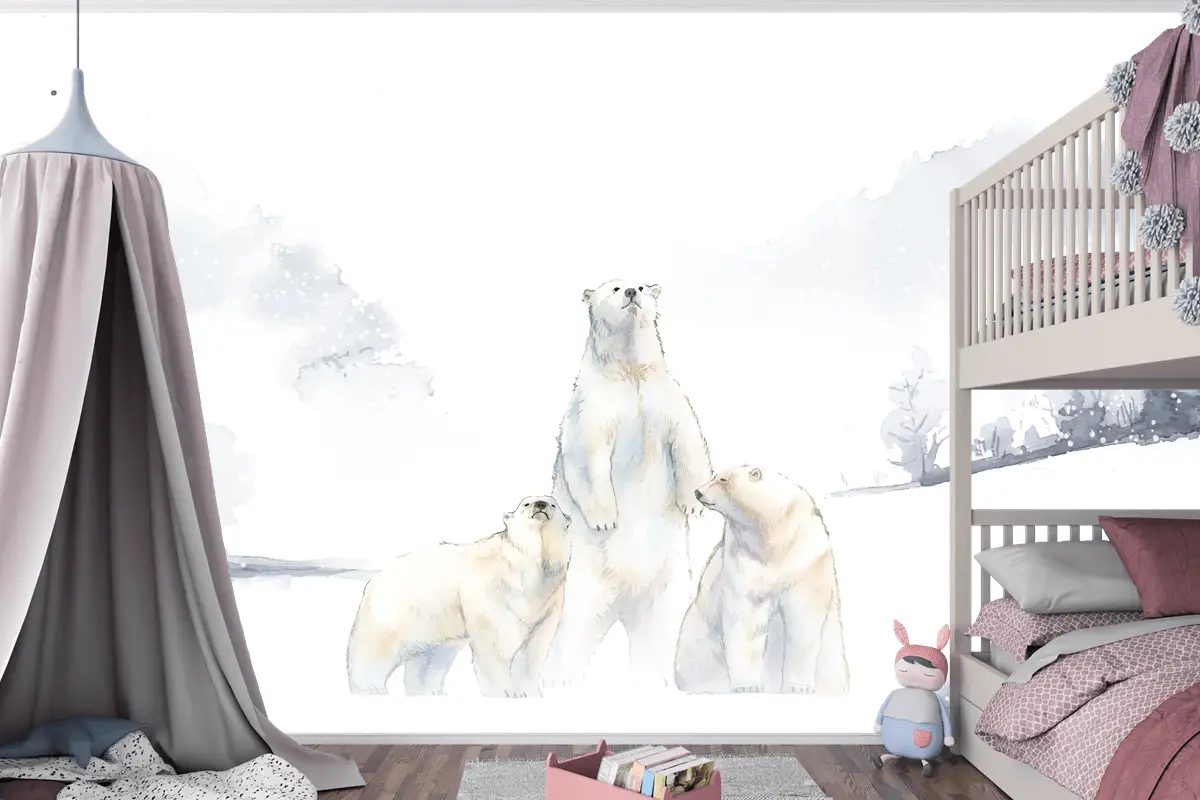 Karda Kutup Ayıları Suluboya Çocuk Odası Duvar Kağıdı 