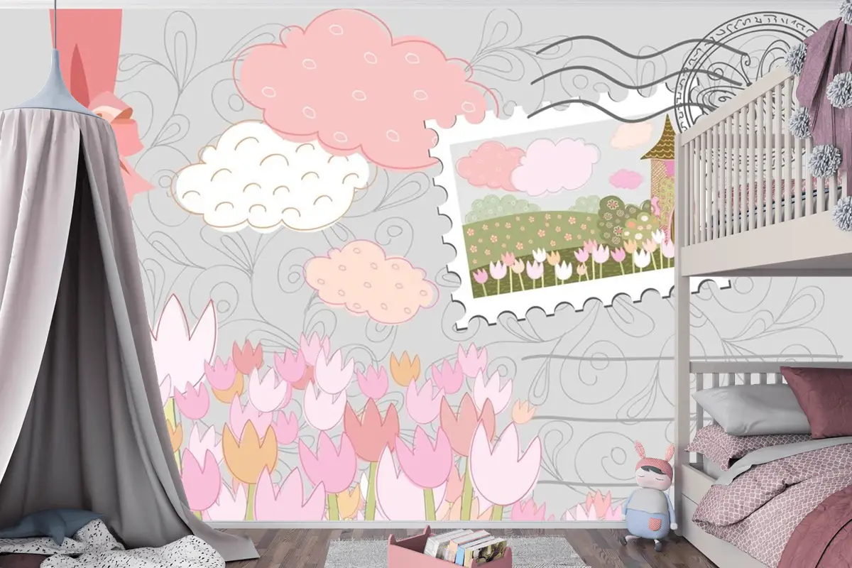 Damgalı Poster Desenli Dekoratif Şehir Çocuk Odası Duvar Kağıdı