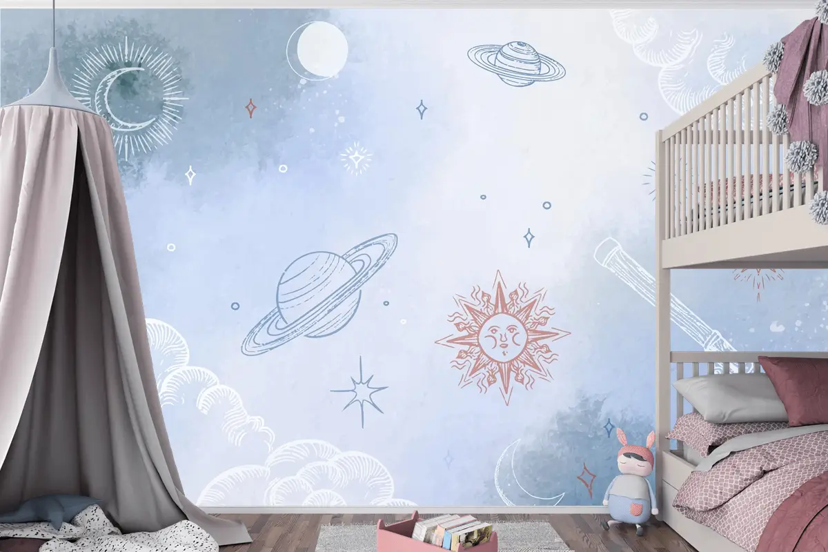 Elle Çizilmiş Öğelerle Toz Pastel Çocuk Odası Duvar Kağıdı