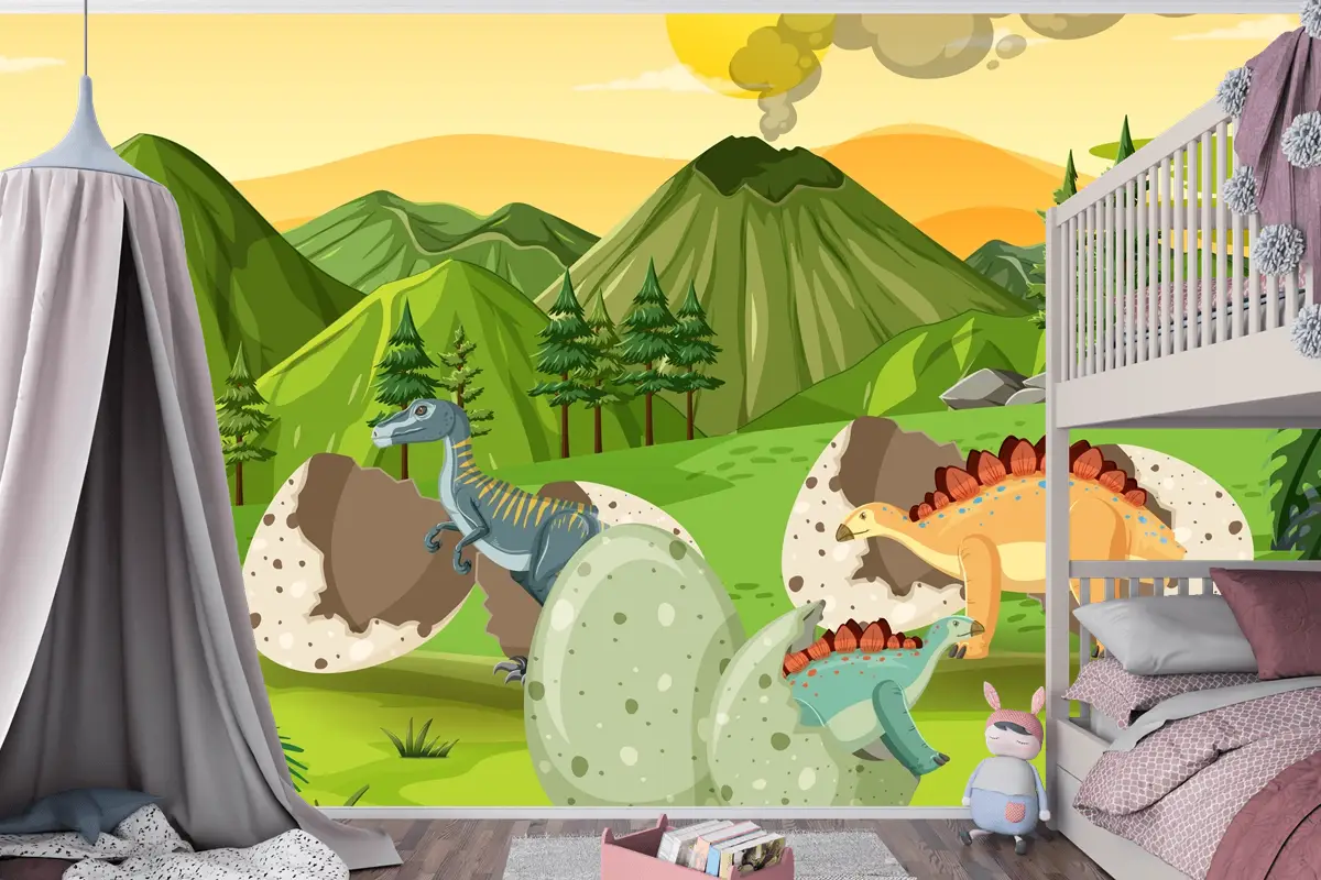 Dinozor Karikatür Çocuk Odası Duvar Kağıdı  Ile Tarih Öncesi Orman