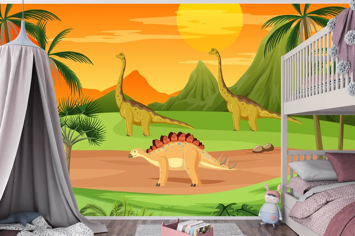 Dinozor Karikatür Çocuk Odası Duvar Kağıdı  Ile Tarih Öncesi Orman