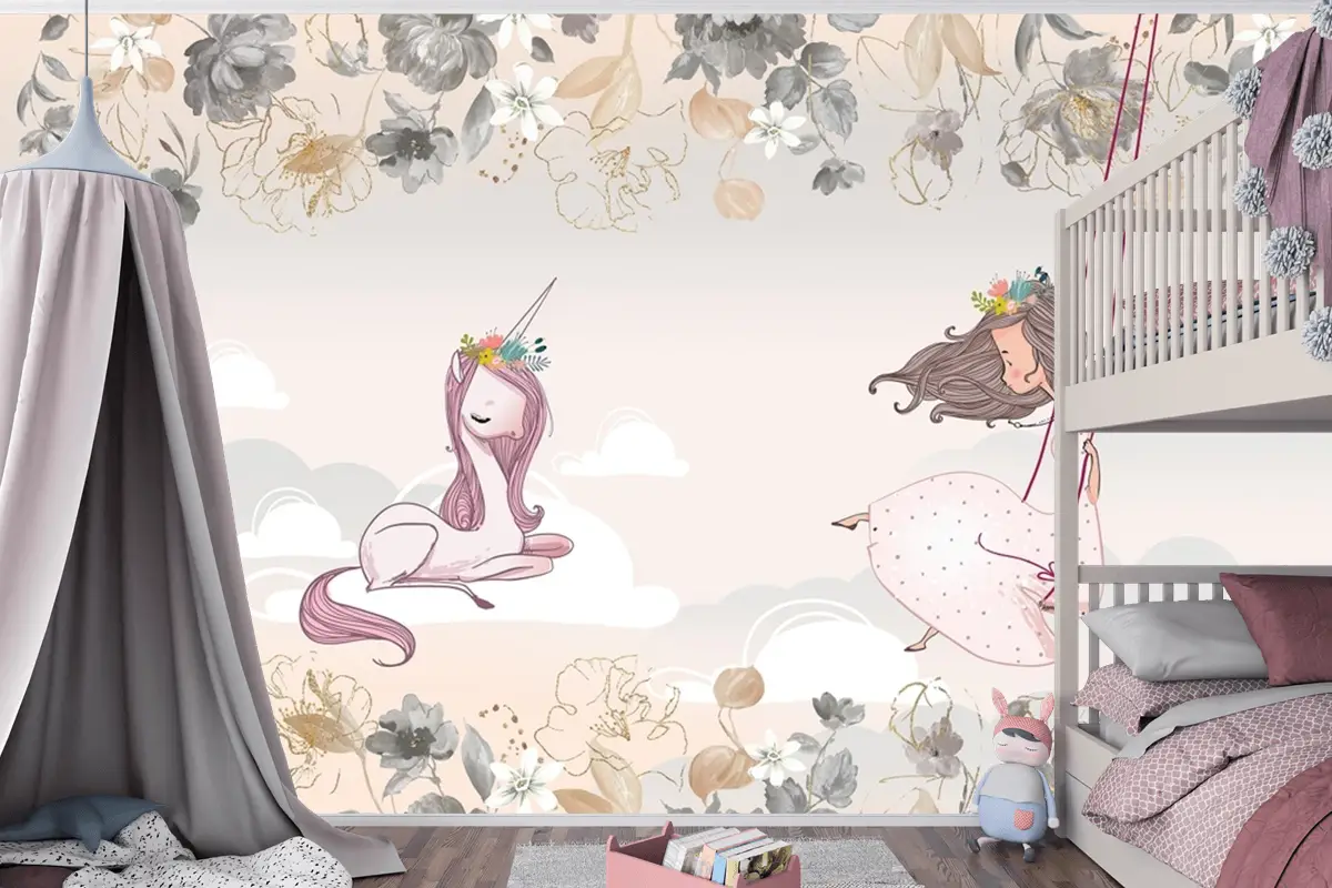 Prenses Ve Unicorn Çocuk Odası Duvar Kağıdı