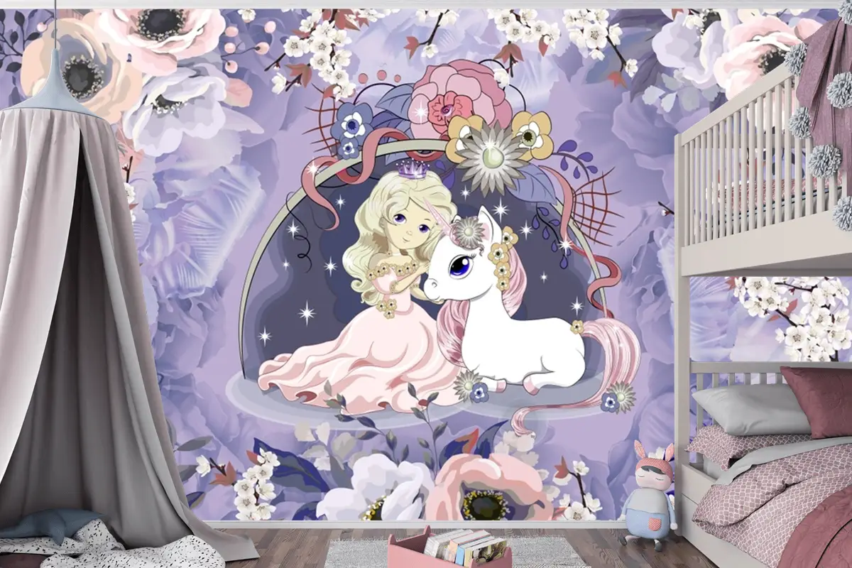Prenses Ve Unicorn Şakayık Çocuk Odası Duvar Kağıdı