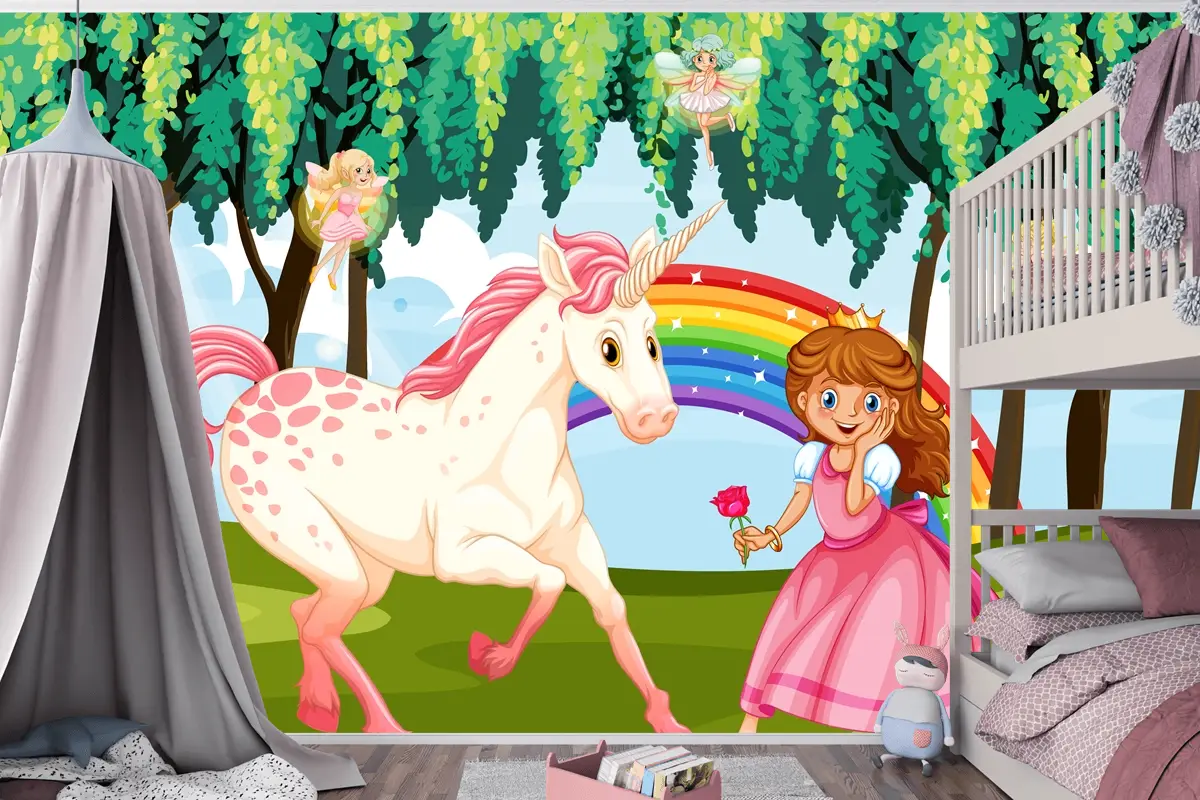 Büyülü Ormanda Prenses Ve Tek Boynuzlu At Arka Plan Çocuk Odası Duvar Kağıdı