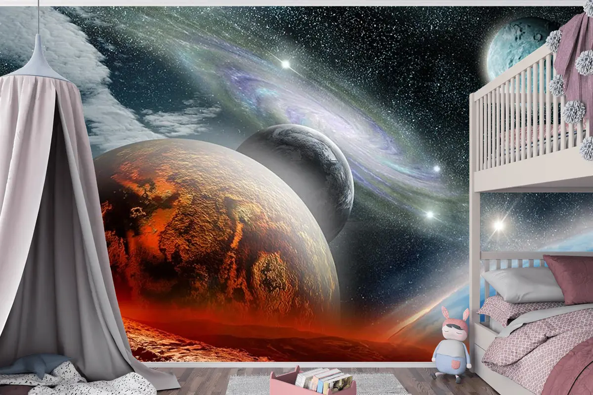Renkli Galaksi Gezegenler Çocuk Genç Odası Çocuk Odası Duvar Kağıdı