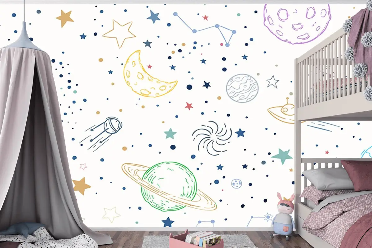 Renkli Gezegenler Uzay Temalı Çocuk Odası Duvar Kağıdı
