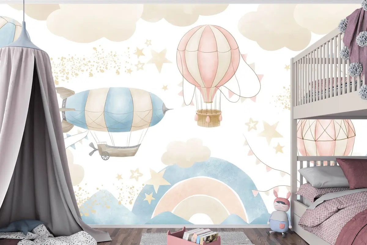 Renkli Gökyüzü ve Sıcak Hava Balonları Temalı Çocuk Odası Duvar Kağıdı