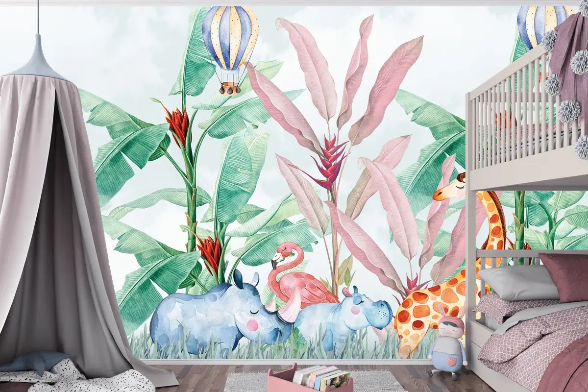 Renkli Hayvanlar ve Balonlu Macera Çocuk Odası Duvar Kağıdı