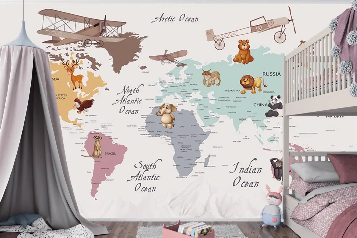 Renkli Kıtalar Öğretici Çocuk Odası Duvar Kağıdı