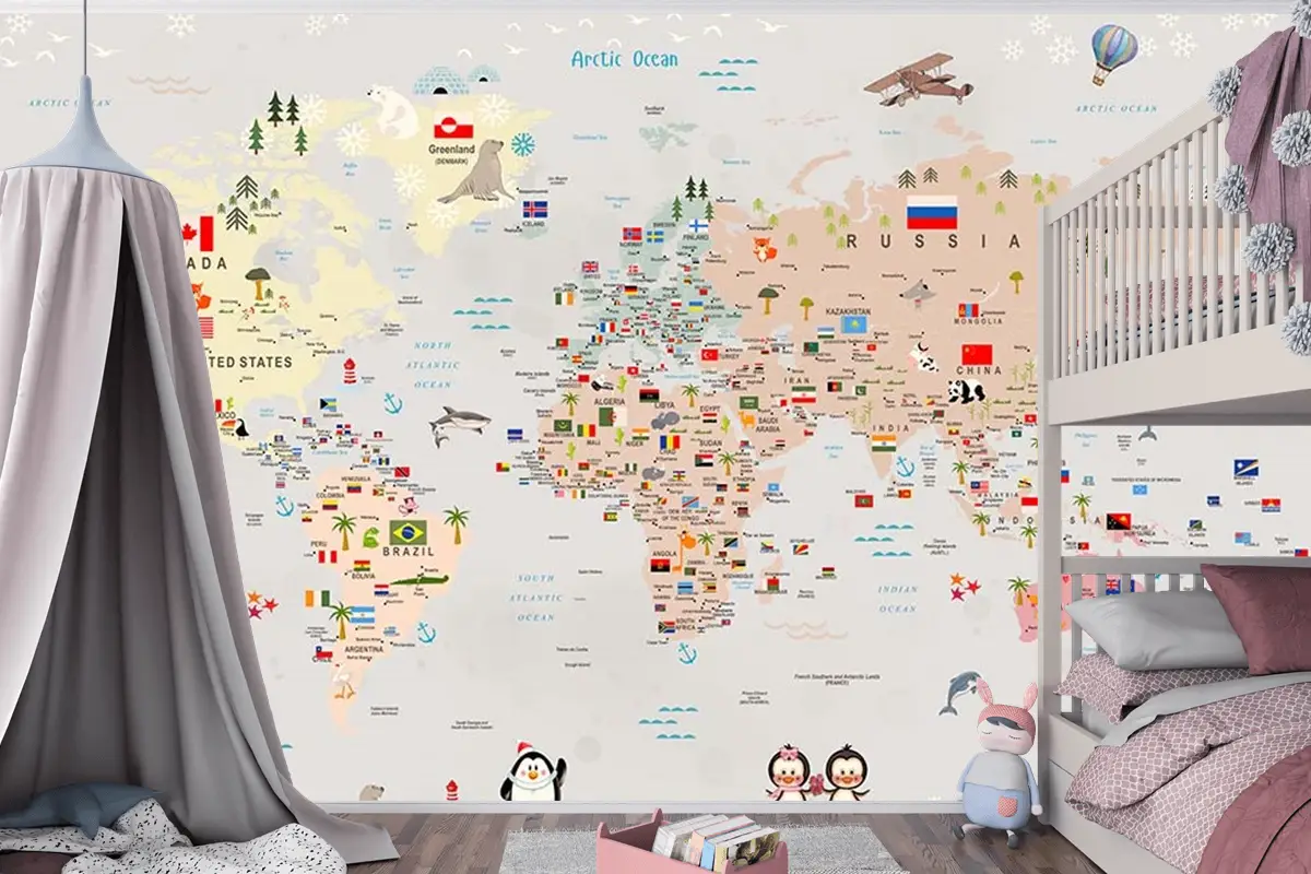Renkli Kıtalar Ülke Isimleri Yazılı Çocuk Odası Dünya Haritası Çocuk Odası Duvar Kağıdı