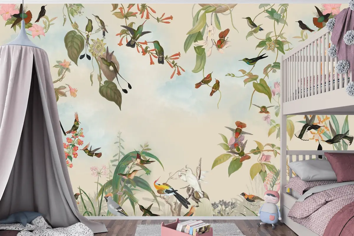 Renkli Kuşlar ve Çiçekli Tropikal Doğa Çocuk Odası Duvar Kağıdı