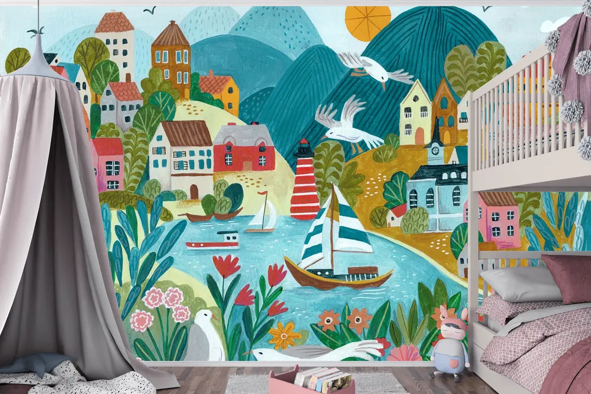 Renkli Sahil Kasabası Çiçek Göl Çocuk Odası Duvar Kağıdı