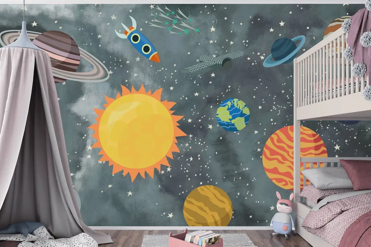 Renkli Uzay Sahnesi ve Roketler Temalı Çocuk Odası Duvar Kağıdı