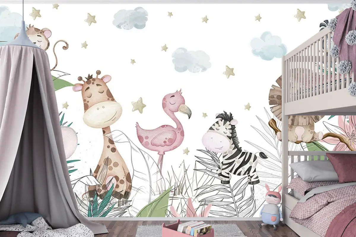 Renkli Yapraklar Sevimli Hayvanlar Çocuk Odası Duvar Kağıdı