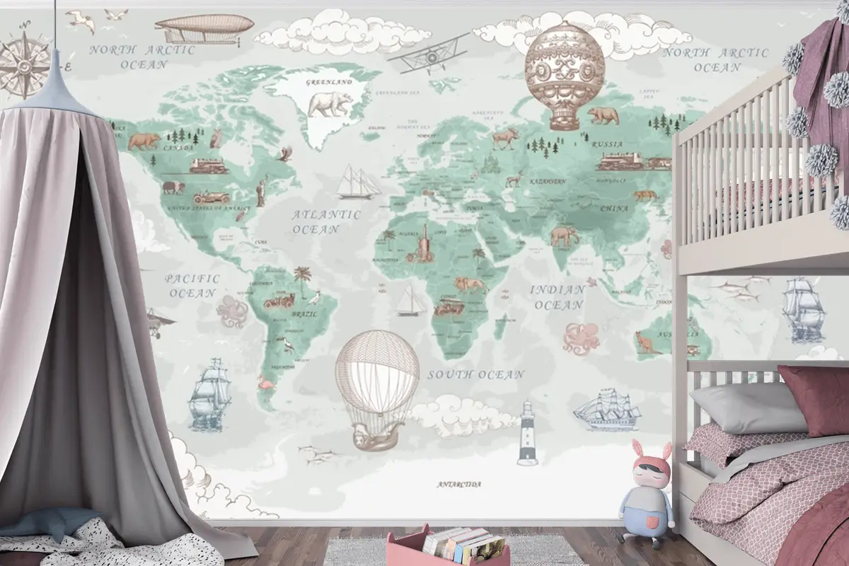 Retro Dünya Haritası Vintage Sıcak Hava Balonları Ve Uçaklar Bebek Odası Duvar Kağıdı