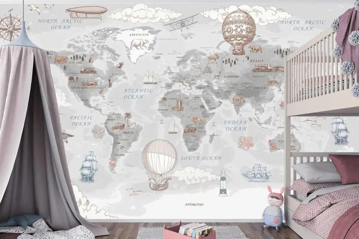 Retro Dünya Haritası Vintage Sıcak Hava Balonları Ve Uçaklar Çocuk Odası Duvar Kağıdı