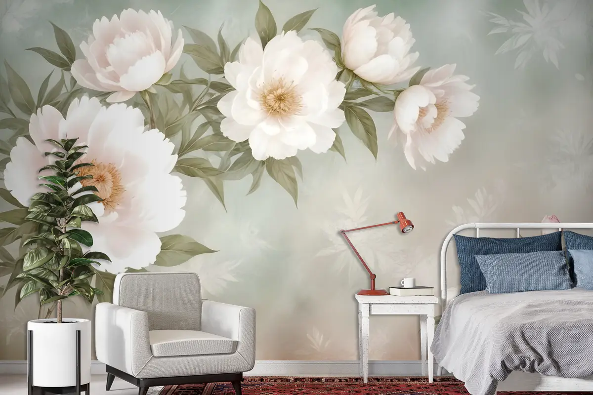 Retro Yağlıboya Beyaz Çiçekler Duvar Kağıdı