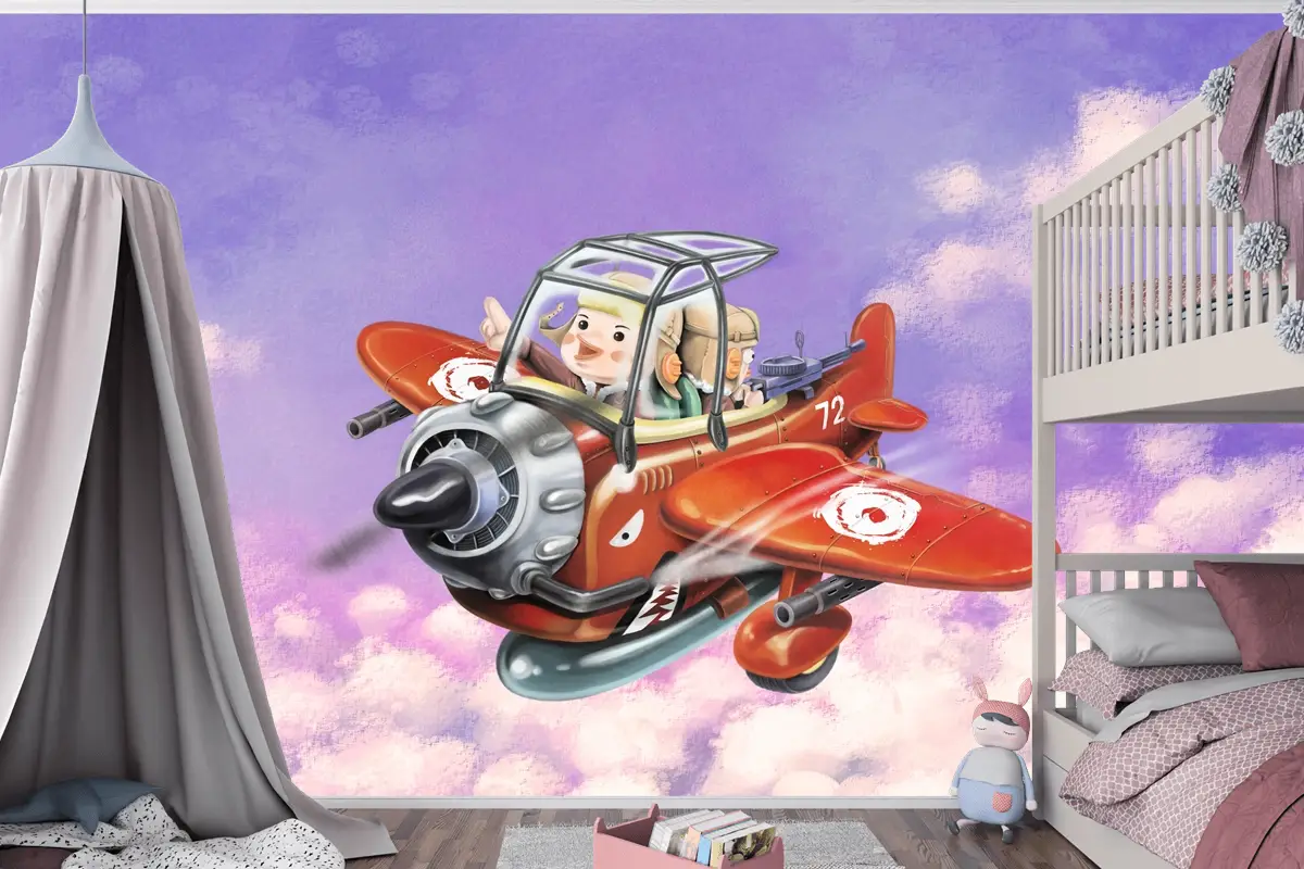 Kırmızı Uçağa Binmek Gökyüzünde Uçmak İki Havacı Çocuk Odası Duvar Kağıdı