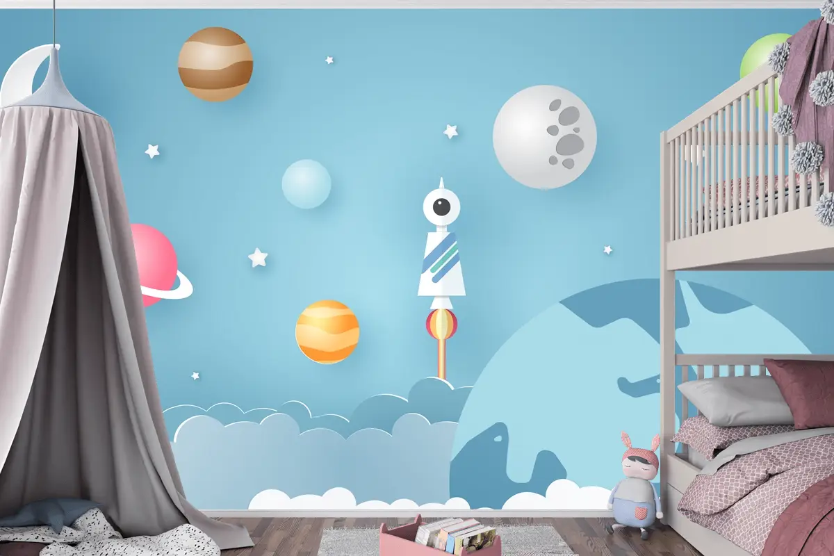 Roket Gezegenler Gibi Çeşitli Gök Nesneleriyle Çevrelenmiş Çocuk Odası Duvar Kağıdı
