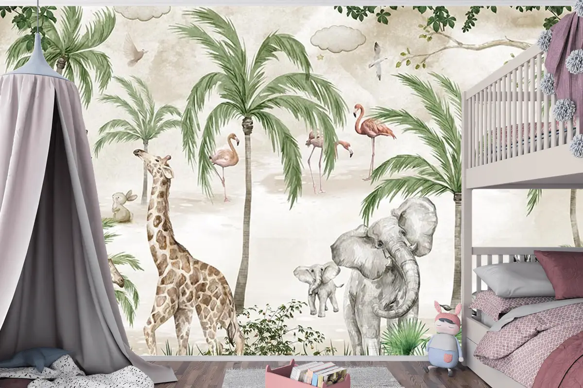 Safari Hayvanları Çocuk Odası Duvar Kağıdı Tropikal Safari Wallpaper