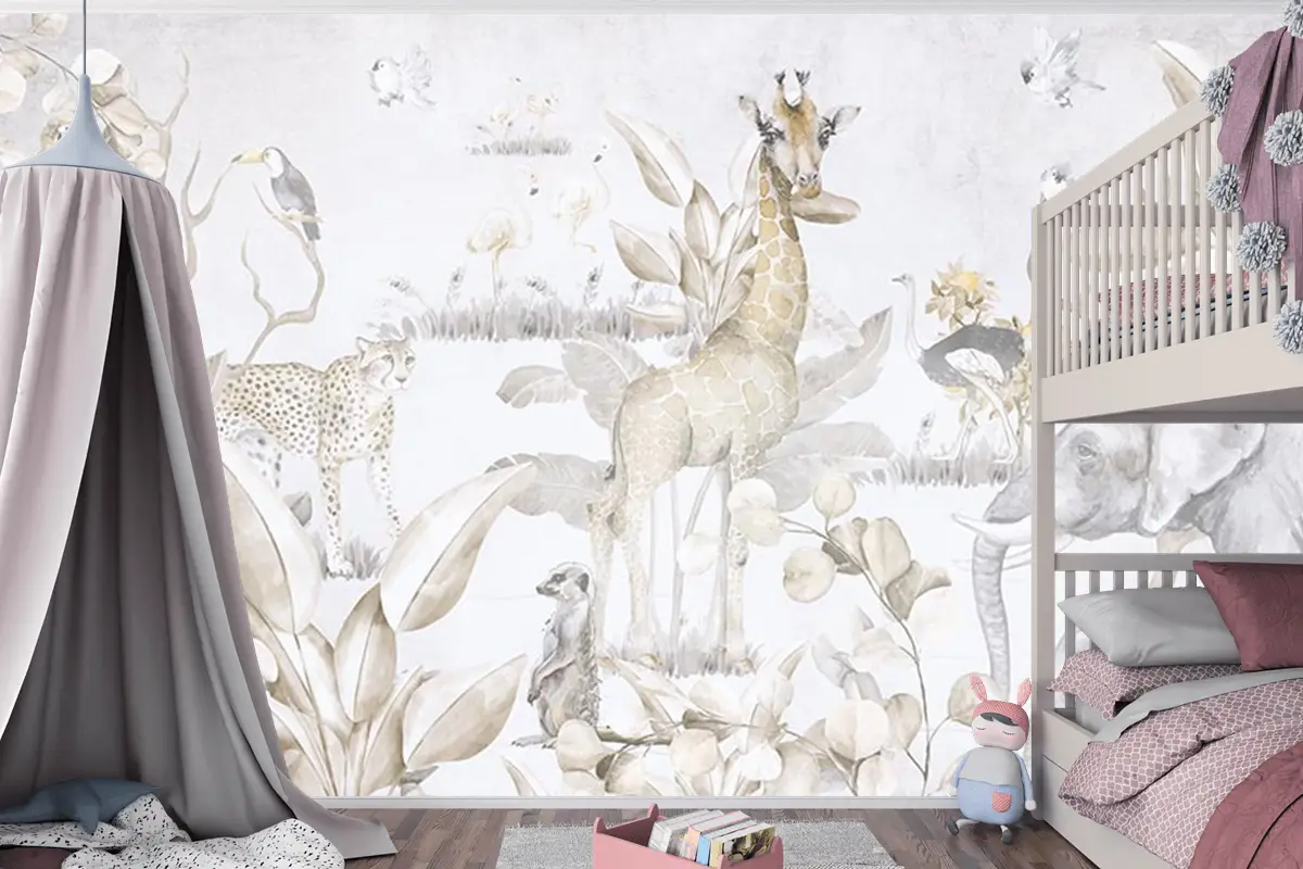 Safari Hayvanları Ve Ağaçlar Çocuk Odası Duvar Kağıdı