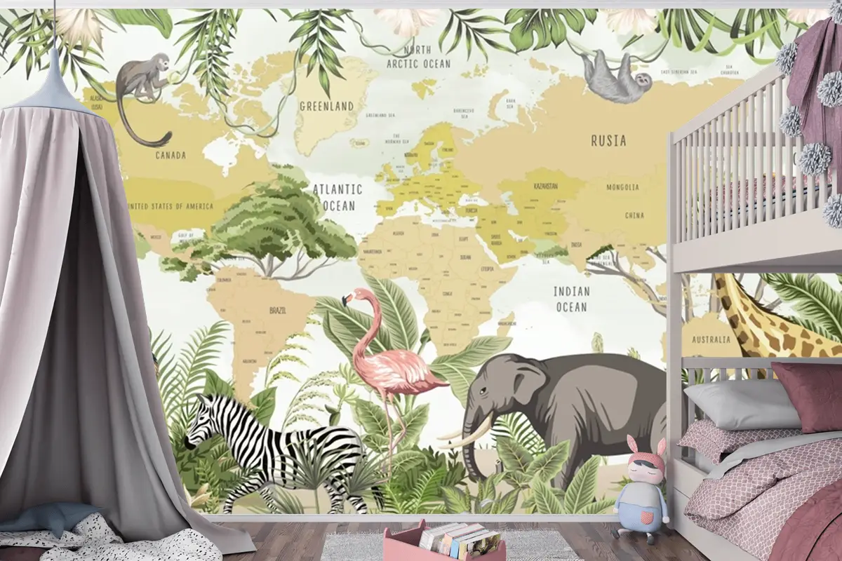 Safari Hayvanları Zürafa Zebra Aslan Flamingo Çocuk Odası Duvar Kağıdı