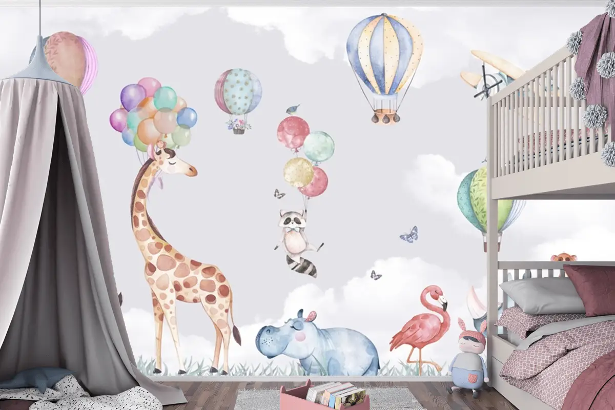 Safari Hayvanları Zürafa Zebra Gergedan Flamingo Çocuk Odası Duvar Kağıdı