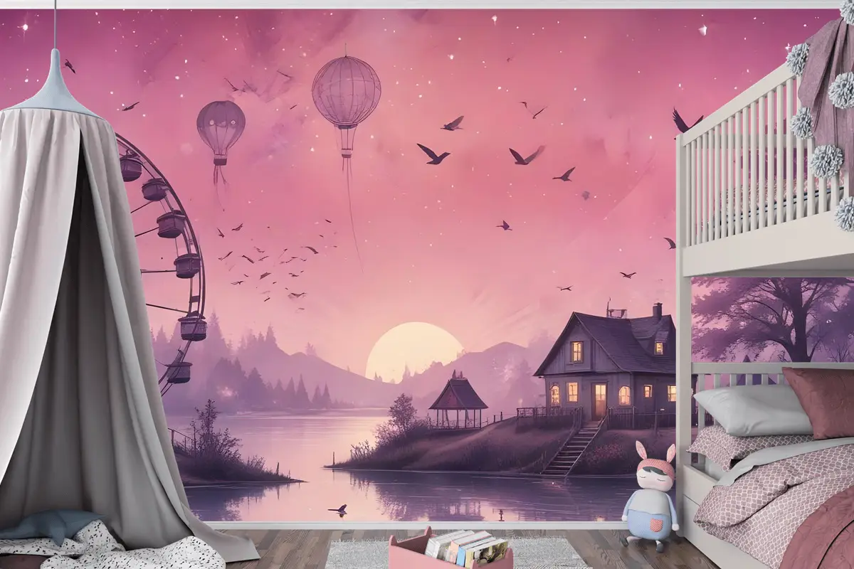 Dönme Dolap Ile Deniz Manzarası Çocuk Odası Duvar Kağıdı