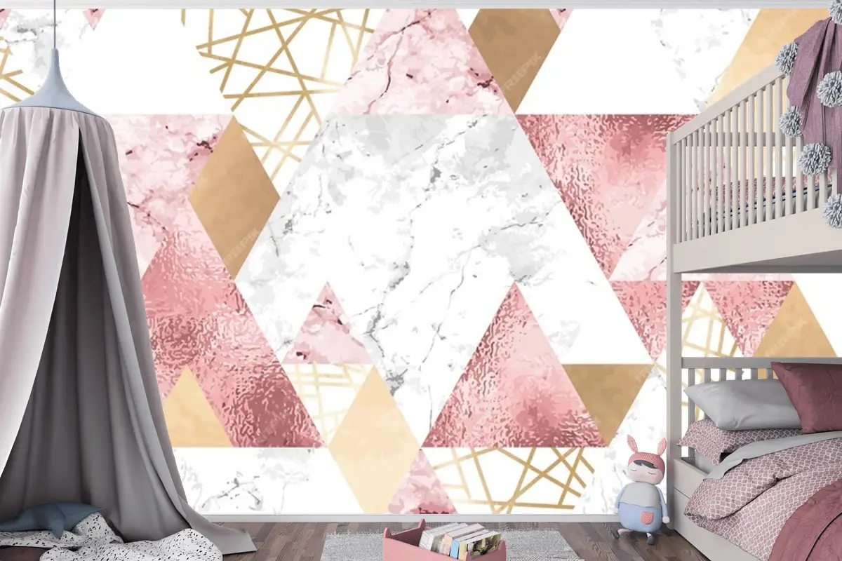 Metalik Çizgilerle Kesintisiz Geometrik Desen Gül Altın Gri Ve Pembe Mermer Üçgenler Çocuk Odası Duvar Kağıdı