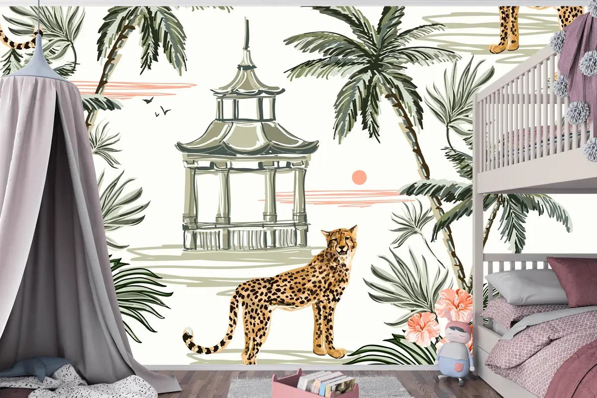 Hindistan Cevizi Palmiye Ağaçları Leopar Çocuk Odası Duvar Kağıdı Ile Dikişsiz Desen Arka Plan