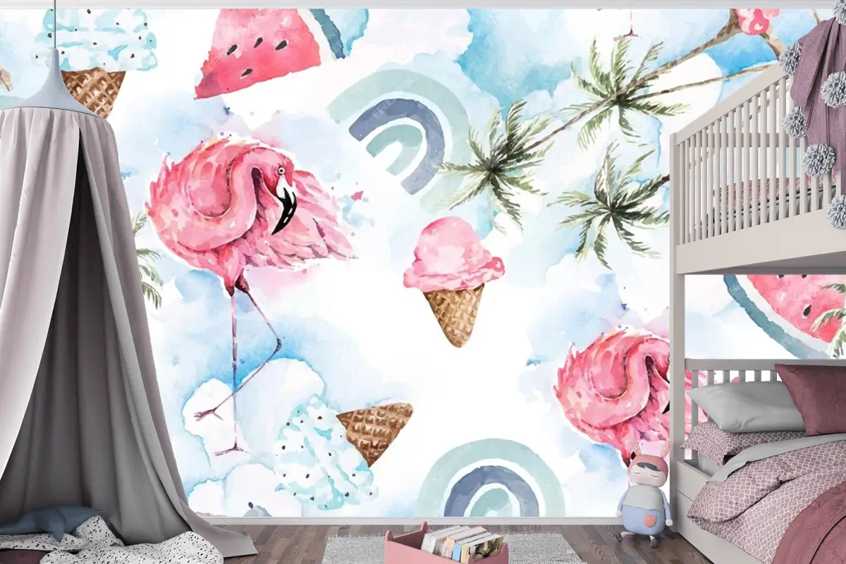 Dikişsiz Desen Palmiye Ağacı Ve Flamingo Çocuk Odası Duvar Kağıdı