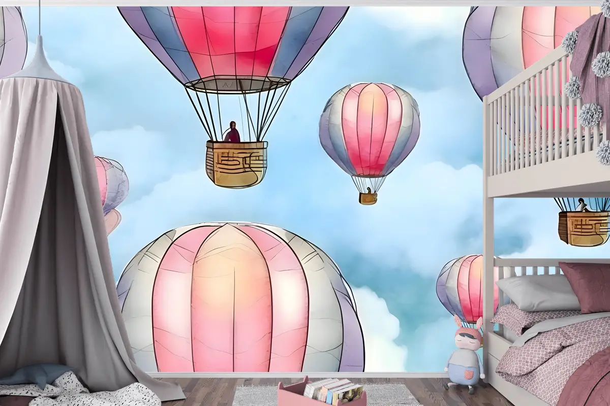 Gökyüzünde Renkli Sıcak Hava Balonları Ile Kusursuz Desen Çocuk Odası Duvar Kağıdı