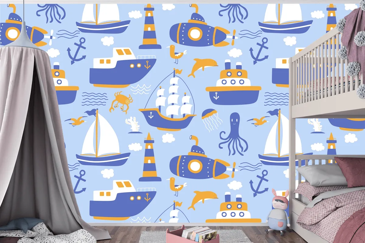 Gemiler Ile Seamless Modeli Çocuk Odası Duvar Kağıdı