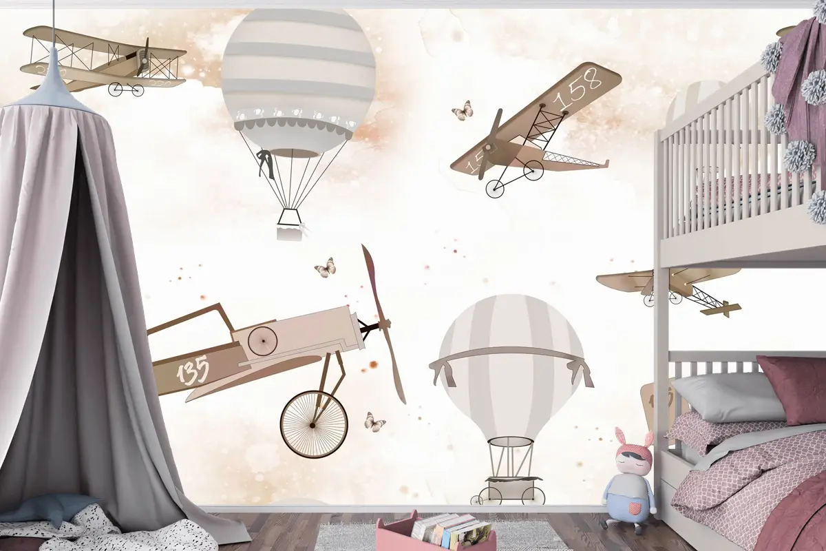 Sepya Uçaklar ve Sıcak Hava Balonları Temalı Çocuk Odası Duvar Kağıdı
