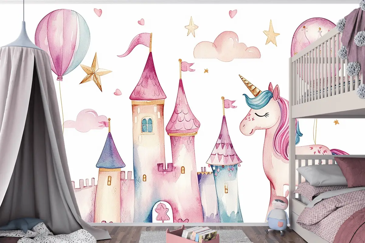 Çocuklar İçin Sevimli Suluboya Krallık Tek Boynuzlu At Ve Kale Seti Doğum Günü Partisi Çocuk Odası Duvar Kağıdı