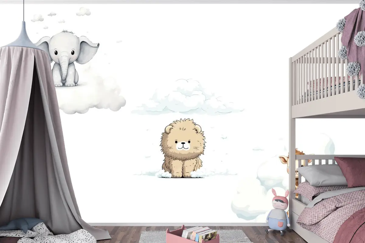 Sute Bebek Komik Hayvanlar Fil Zürafa Aslan Çocuk Odası Duvar Kağıdı Seti