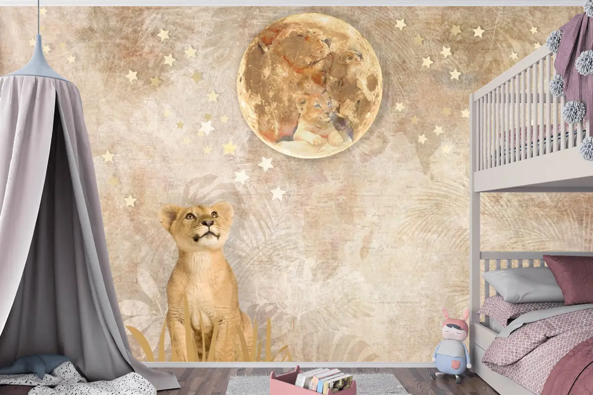 Sevimli Aslan Yavru Hayvan Altın Ay Yıldızlar Bebek Çocuk Odası Duvar Kağıdı