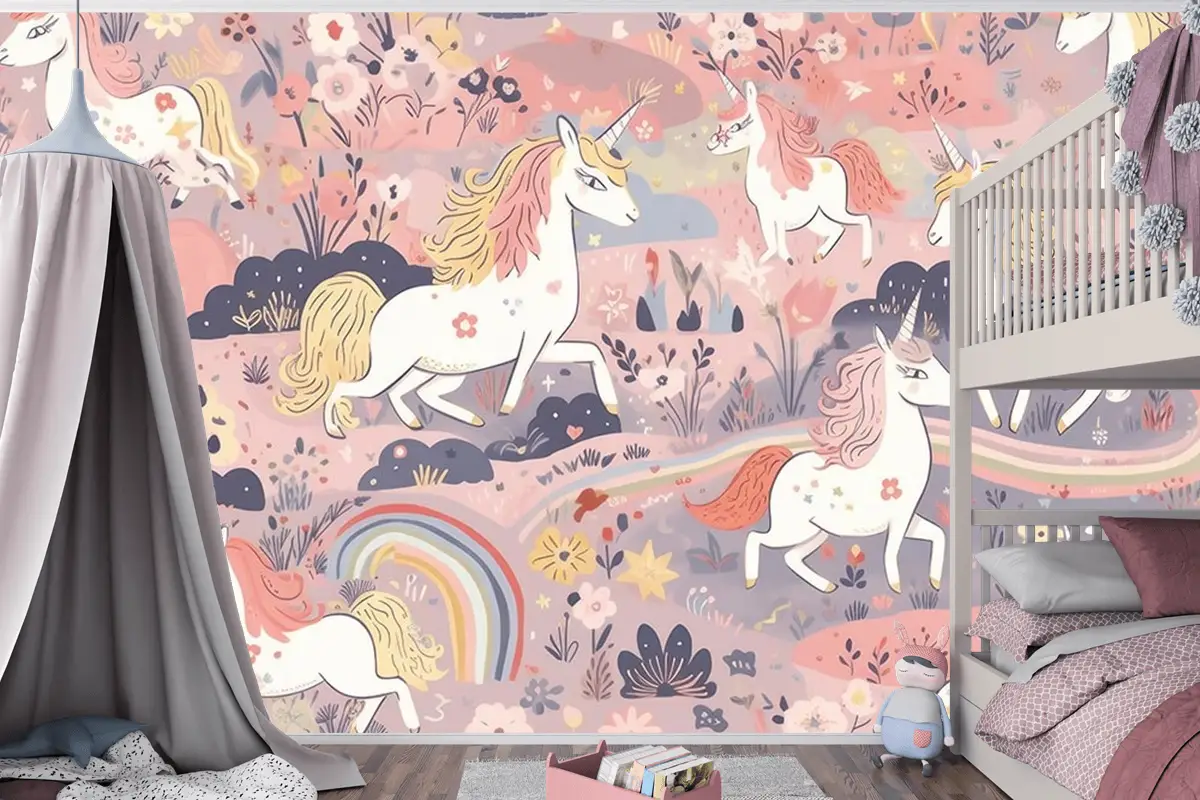 Sevimli Boynuzlu Atlar Çocuk Odası Duvar Kağıdı