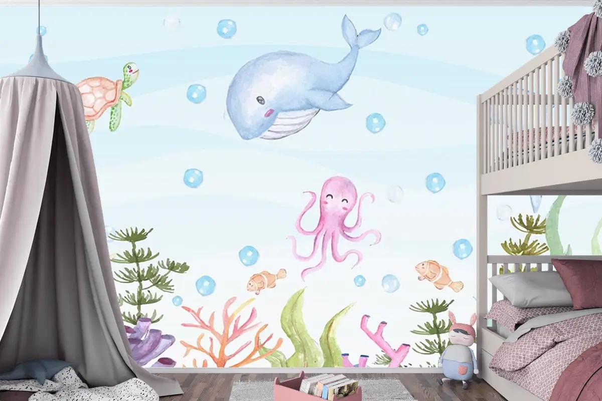 Sevimli Deniz Canlıları Balıklar Çocuk Odası Duvar Kağıdı