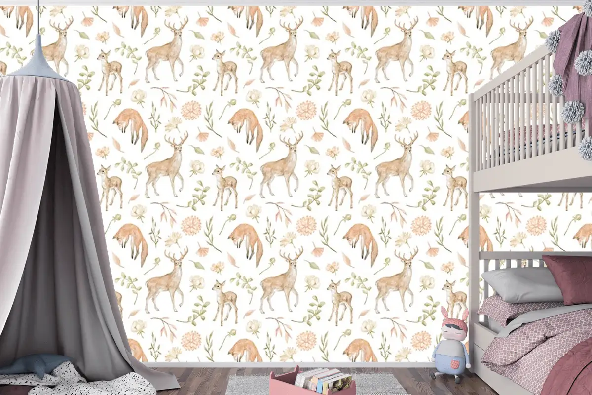 Sevimli Geyikler Ve Yapraklar Çocuk Odası Duvar Kağıdı