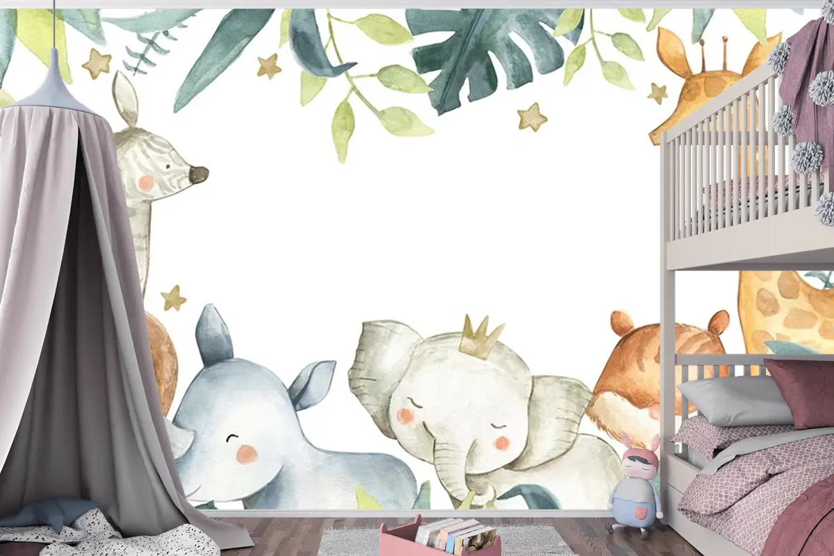 Sevimli Hayvanlar Tropikal Yapraklar Çocuk Odası Duvar Kağıdı