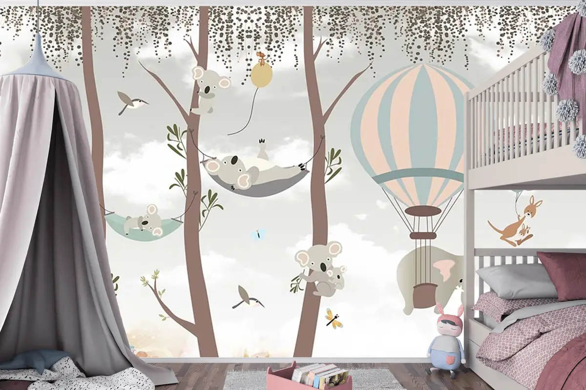 Sevimli Koalalar Ve Uçan Balonlar Çocuk Odası Duvar Kağıdı
